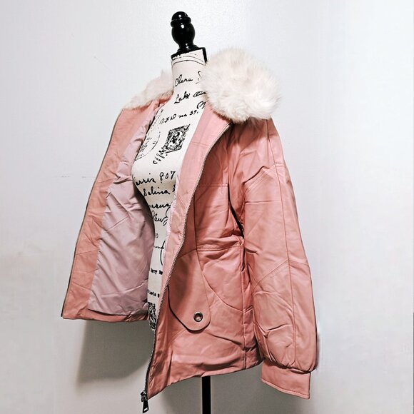 New Real Lamb Leather Jacket Parka Coat Blazer Down-Filled Padded Fox Fur Pink - Picture 2 of 5